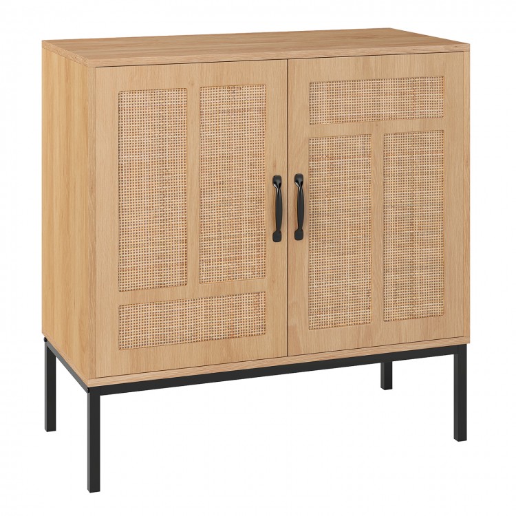 Boho storage cabinet with natural rattan doors, asymmetrical pattern, and metal legs for stylish kitchen organization.