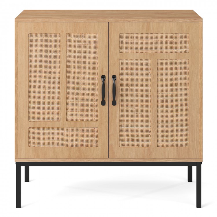 Boho storage cabinet with natural rattan doors and asymmetrical pattern, featuring adjustable shelves for versatile.