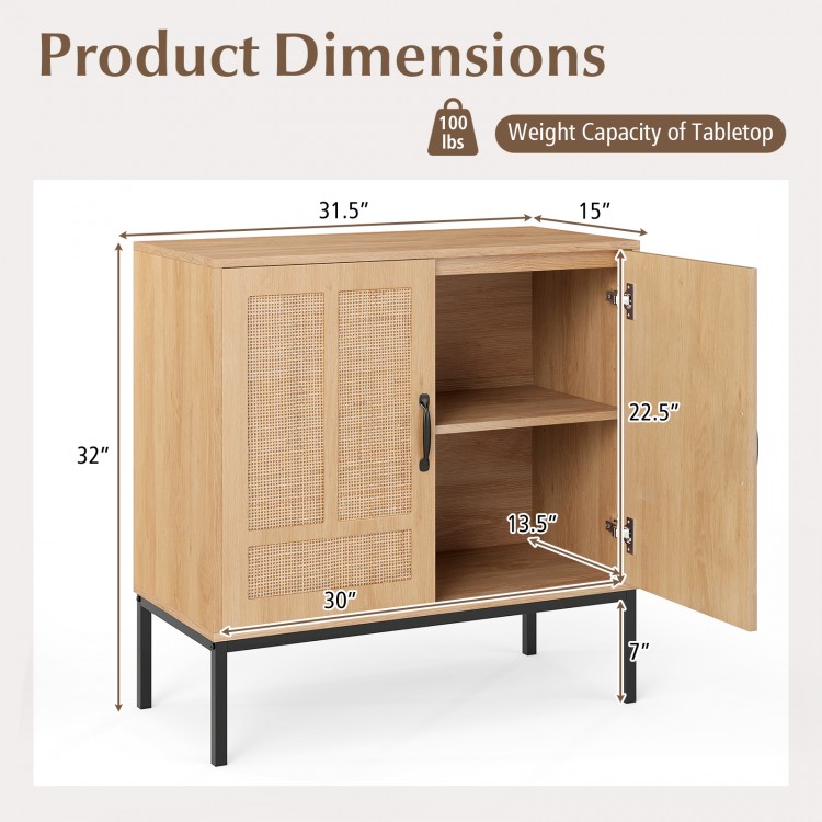 Boho storage cabinet with natural rattan doors, adjustable shelf, and metal legs for kitchen organization and style.