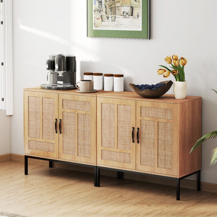 Boho storage cabinet with natural rattan doors, adjustable shelves, and metal legs for stylish kitchen organization.