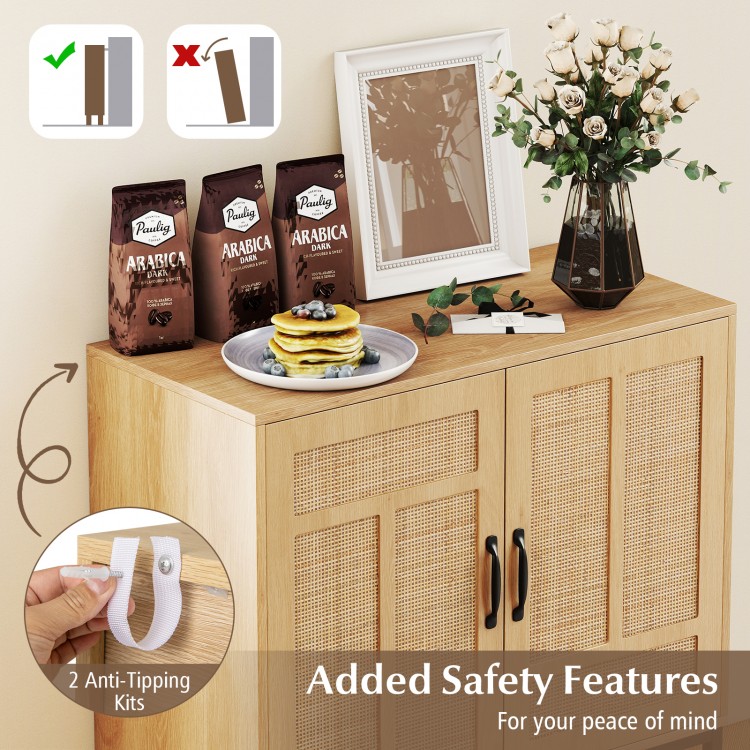 Boho storage cabinet with natural rattan doors, adjustable shelves, and anti-tipping kits for kitchen organization.