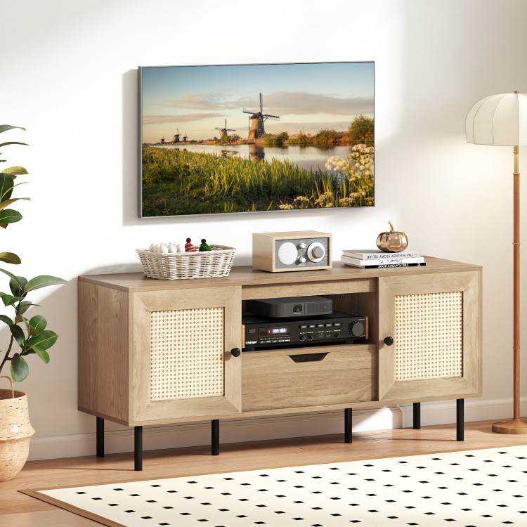 Boho TV stand with natural finish, featuring PE rattan doors, spacious storage, and six sturdy metal legs for stability.
