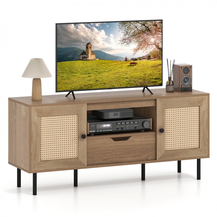 Boho TV stand with natural finish, featuring PE rattan doors, storage drawer, and six sturdy metal legs for stability.