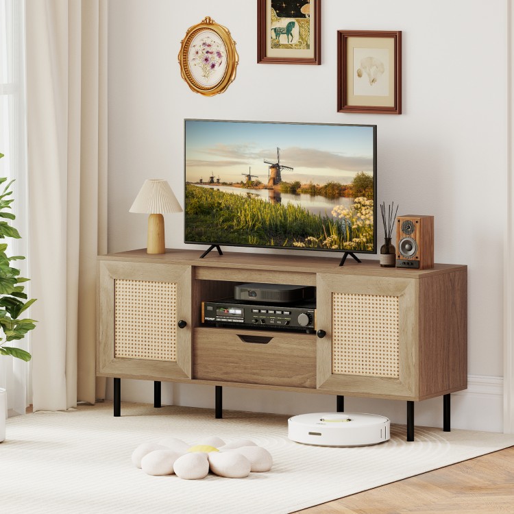 Boho TV stand featuring PE rattan, spacious cabinets, and a pull-out drawer for organized entertainment storage.