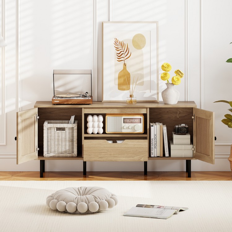 Boho TV stand with natural finish, featuring cabinets, storage shelf, and pull-out drawer for organized entertainment.