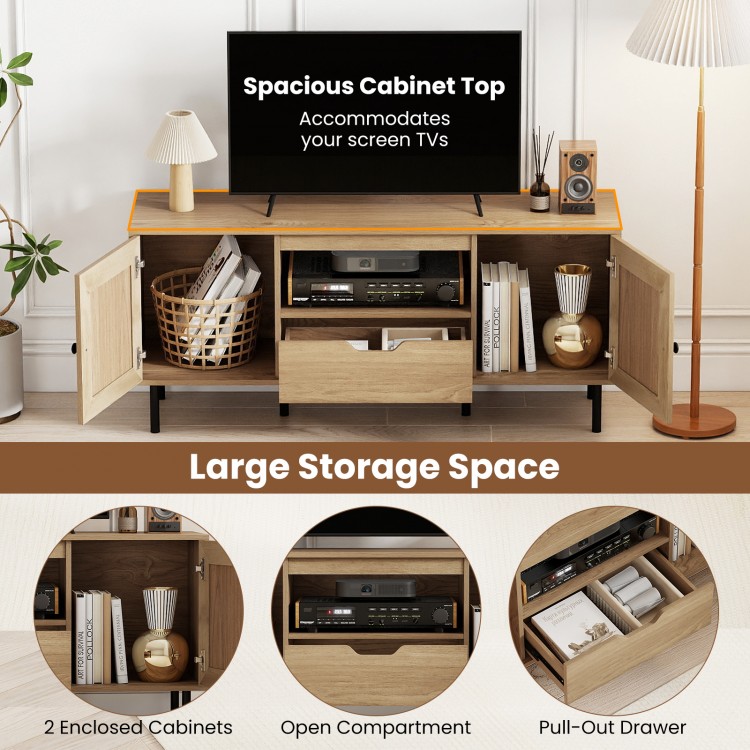 Boho TV stand with spacious cabinet top, 2 enclosed cabinets, and pull-out drawer for large storage in natural finish.