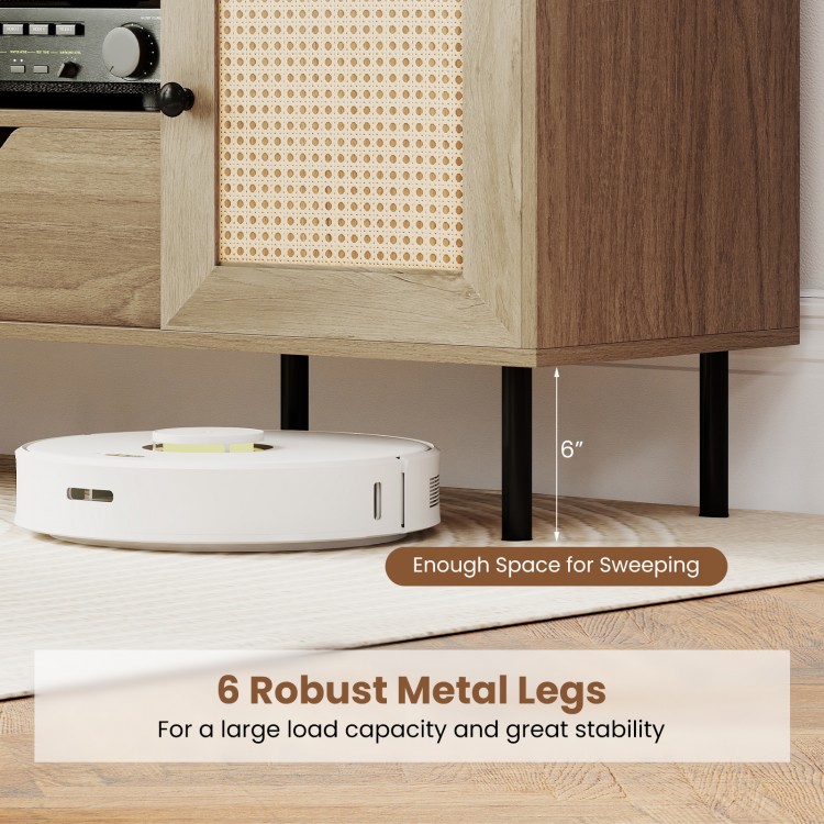 Boho TV stand with 6 robust metal legs, spacious cabinet, and bottom clearance for easy sweeping and stability.