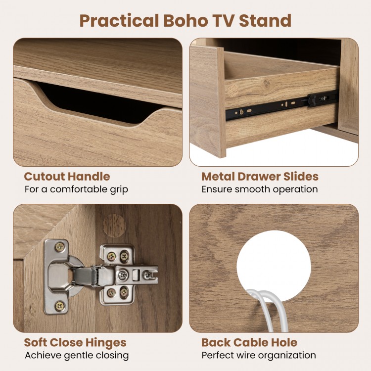 Boho TV stand featuring a pull-out drawer, soft close hinges, and back cable hole for organized storage and wire.