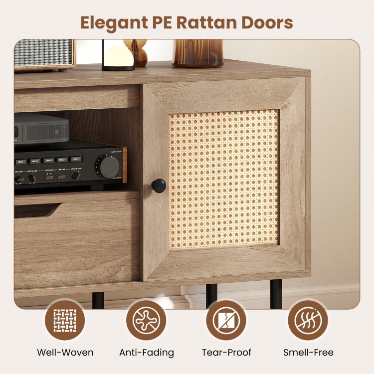 Close-up of the Boho TV stand featuring well-woven PE rattan doors, designed for 60-inch TVs, with spacious storage.