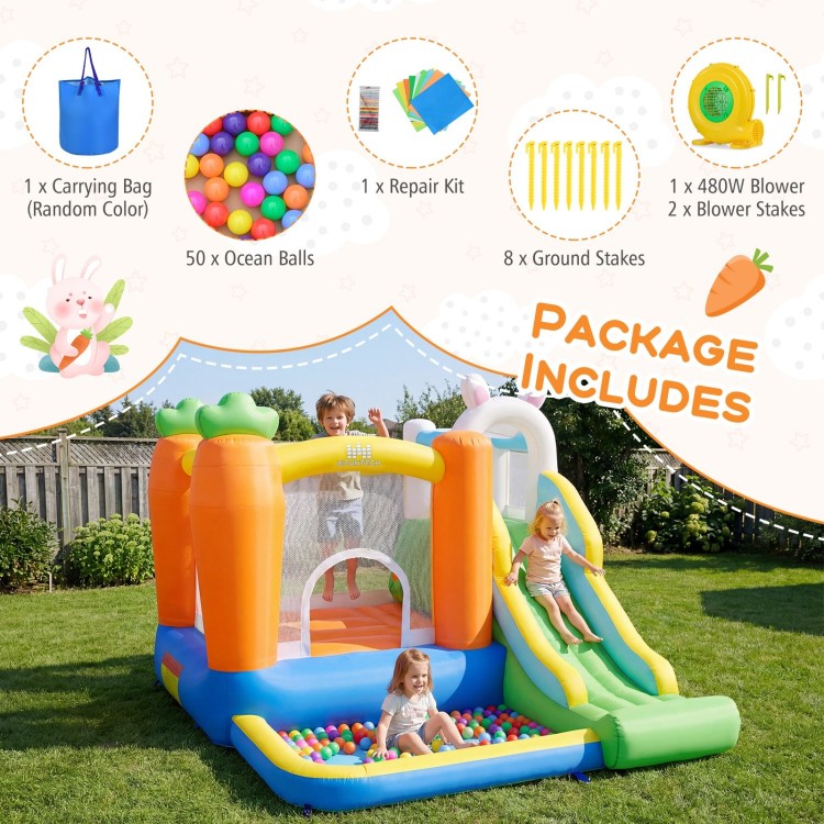 Bounce house for kids with climbing wall, slide, and ball pit, made of durable 420D oxford cloth for backyard fun.