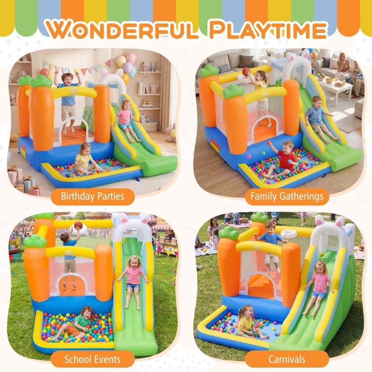 Bounce house for kids with climbing wall, slide, and ball pit, perfect for birthday parties and family gatherings.