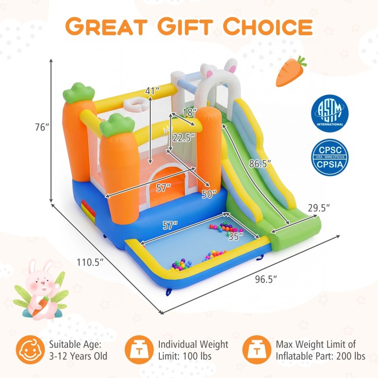 Bounce house with climbing wall and slide, featuring a spacious ball pit, designed for kids 3-12 for backyard fun.