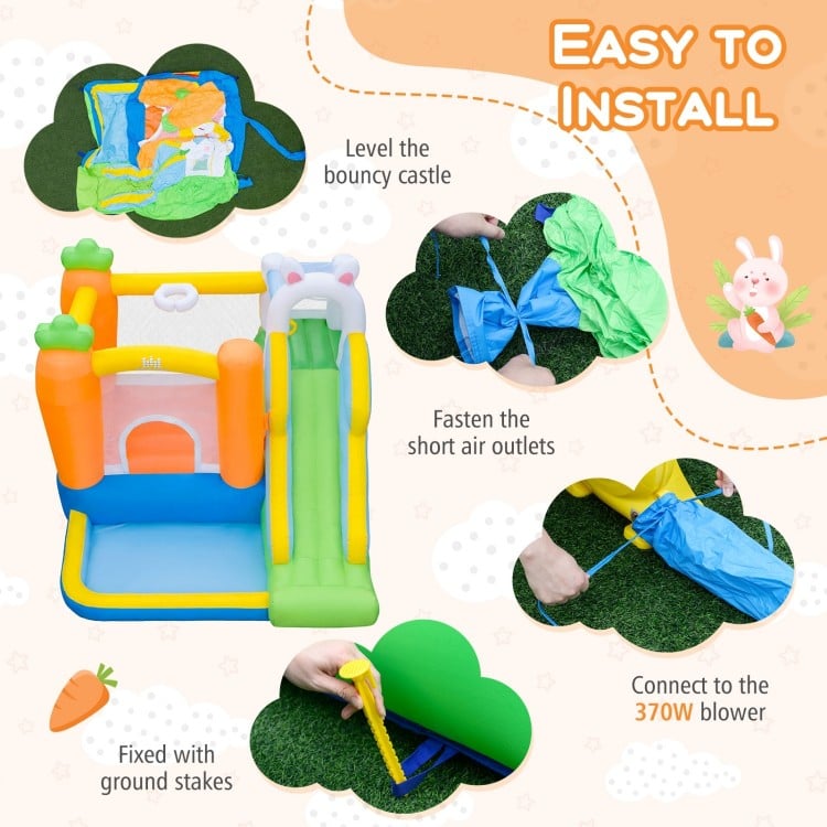 Bounce house for kids featuring a climbing wall, slide, and basketball rim, made of durable 420D oxford cloth for.