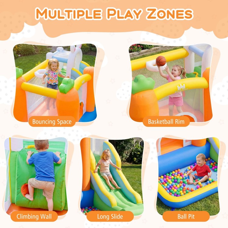Bounce house with climbing wall, long slide, basketball rim, and ball pit for kids' backyard fun and parties.