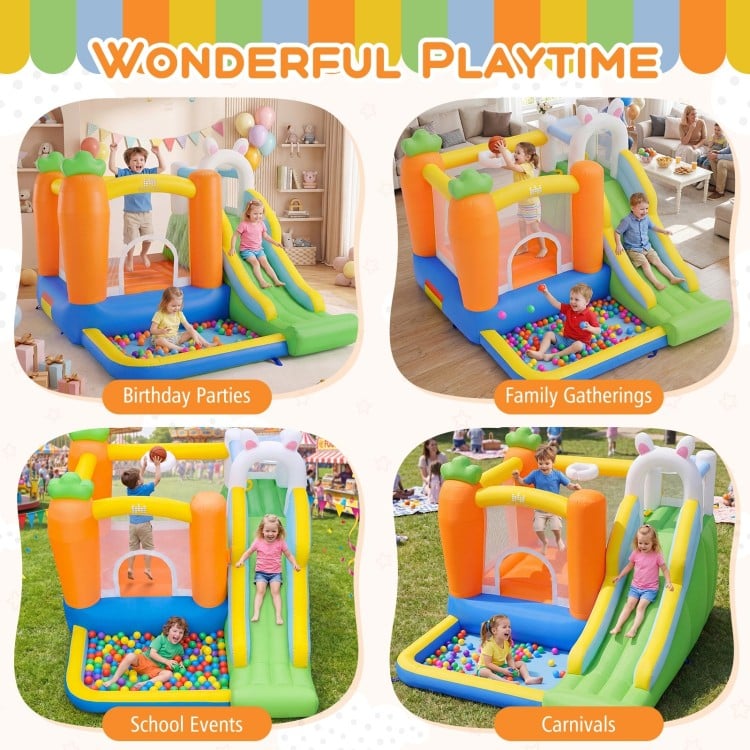 Bounce house for kids featuring a climbing wall, slide, and ball pit, perfect for birthday parties and family.