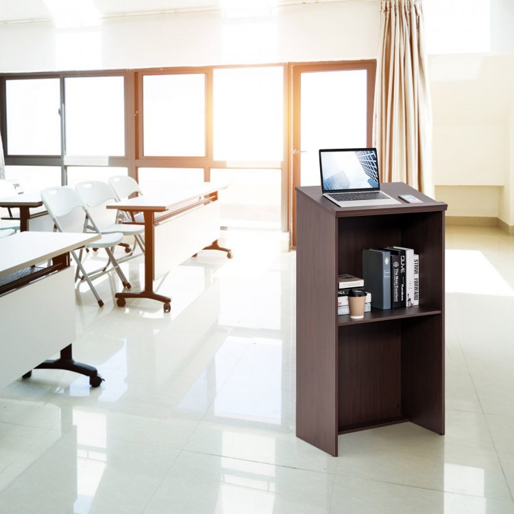 Wooden floor standing podium with slanted desktop and open storage shelf, ideal for classrooms and conferences.