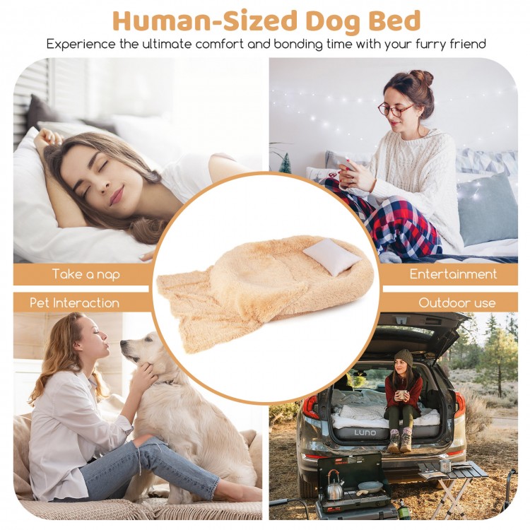 Washable fluffy human dog bed in brown with soft blanket and plump pillow, perfect for cozy naps and outdoor use.