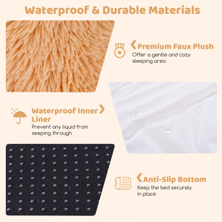 Washable fluffy human dog bed in brown with faux plush cover, waterproof liner, and anti-slip bottom for stability.
