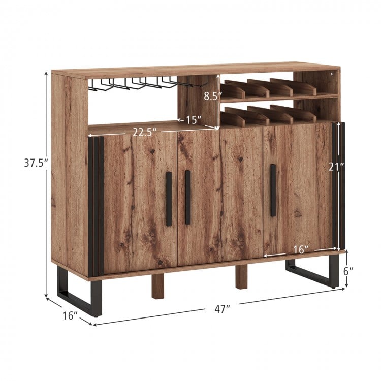 Home wine bar cabinet in brown featuring sturdy metal feet, ample storage, and a 4-row glass holder for easy access.