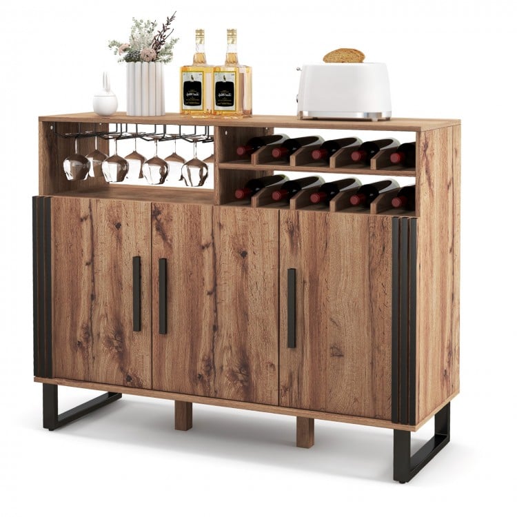 Home wine bar cabinet in brown with three doors, adjustable shelves, and a 2-tier wine rack for organized storage.