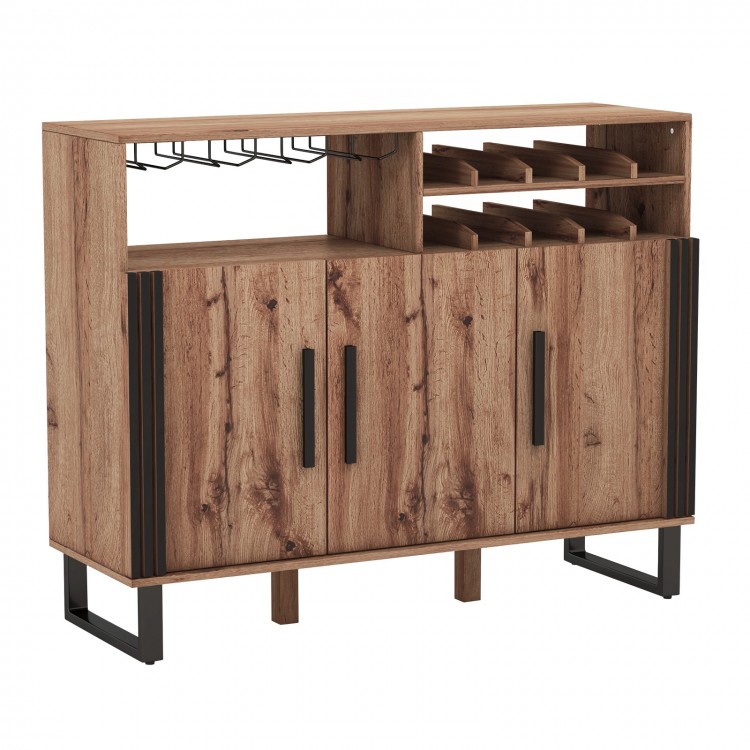 Home wine bar cabinet in brown with 3 doors, adjustable shelves, and a 2-tier wine rack for organized storage.