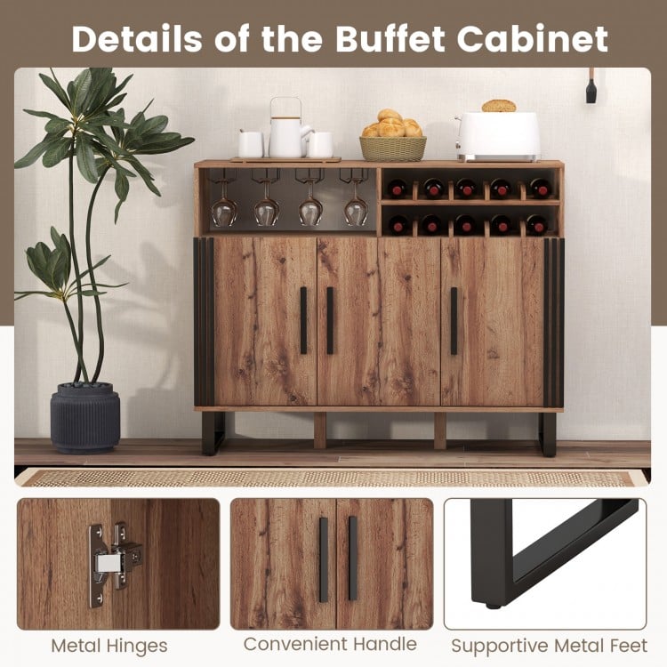 Home wine bar cabinet in brown with metal hinges, adjustable shelves, and sturdy metal feet for versatile storage.