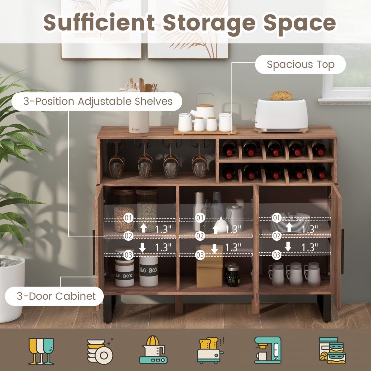 Home wine bar cabinet with three doors, adjustable shelves, and a 2-tier wine rack for organized storage in brown.
