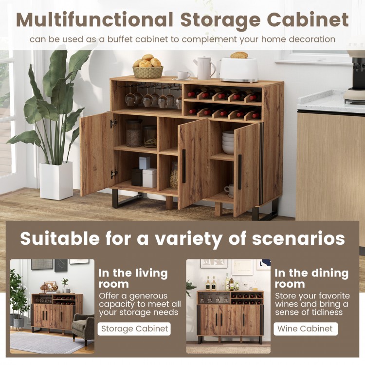 Home wine bar cabinet in brown with adjustable shelves, wine rack, and glass holder for versatile storage solutions.