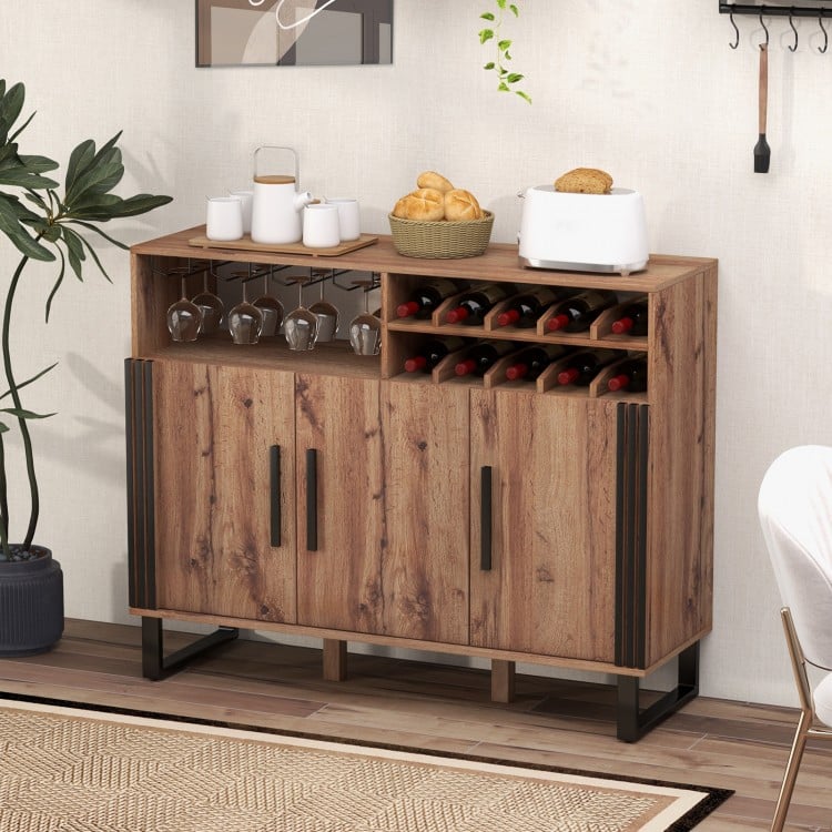 Home wine bar cabinet in brown with glass holder and three doors, showcasing a versatile design for various occasions.
