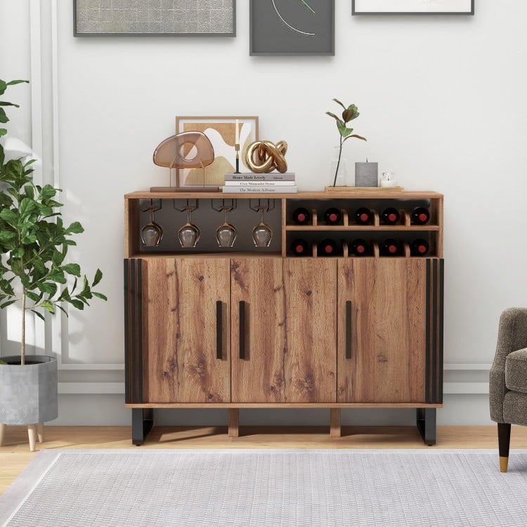 Home wine bar cabinet in brown with adjustable shelves, 2-tier wine rack, and glass holder for organized storage.