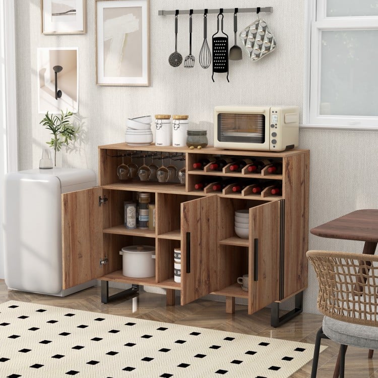 Home wine bar cabinet in brown showcasing a close-up of the wood grain and metal feet for enhanced stability and style.