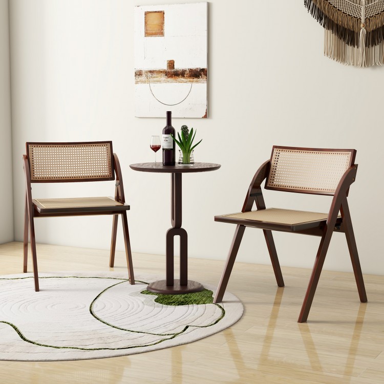 Foldable dining chairs set of 2 with woven rattan backrest and sturdy rubber wood frame for convenient storage.