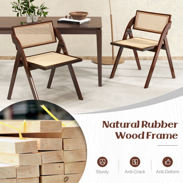Foldable dining chairs set of 2 with woven rattan backrest, sturdy rubber wood frame, perfect for convenient storage.