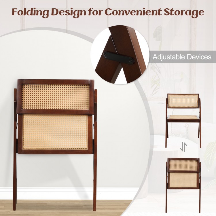 Foldable dining chair with woven rattan backrest, sturdy rubber wood frame, and convenient storage design.