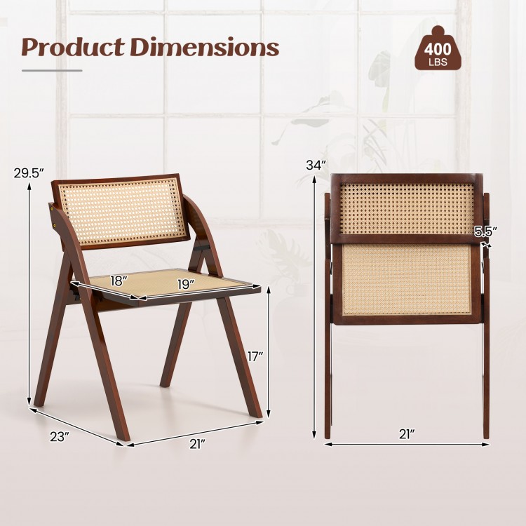 Foldable dining chair set of 2 with woven rattan backrest, sturdy rubber wood frame, dimensions for easy storage.