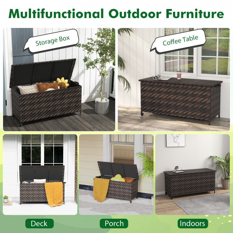 Brown 85-gallon outdoor storage box with removable liner and wheels, ideal for cushions and garden tools.