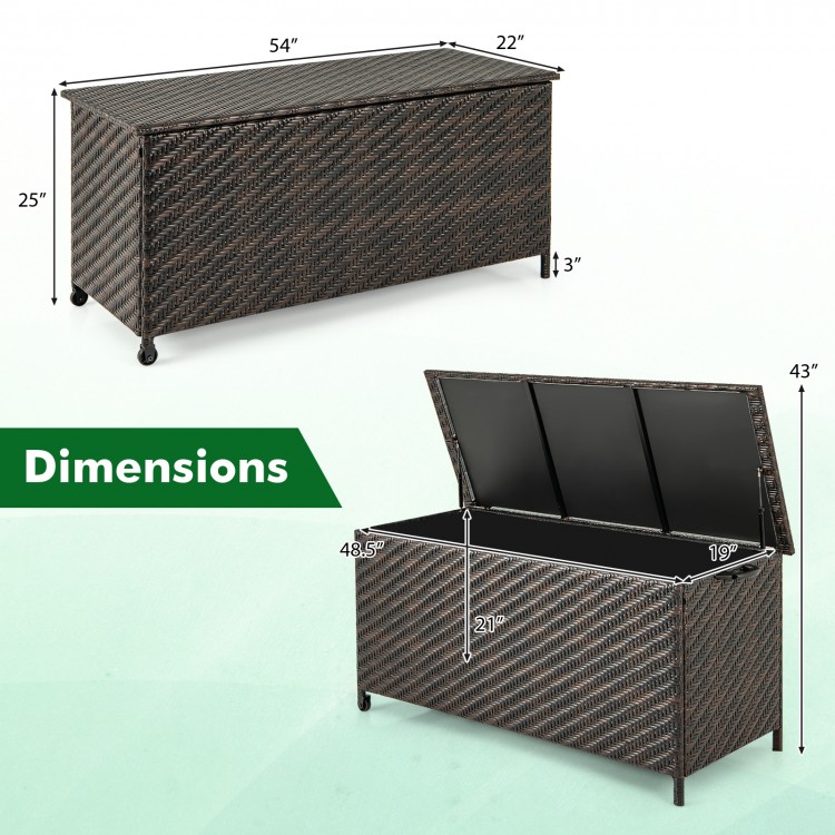 Brown 85-gallon outdoor storage box with removable liner, dimensions shown, ideal for cushions and garden tools.