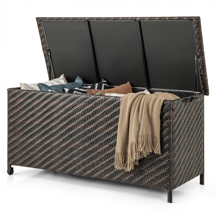 Outdoor storage box with removable liner, 85-gallon capacity, made of fade-resistant PE wicker, ideal for patio.