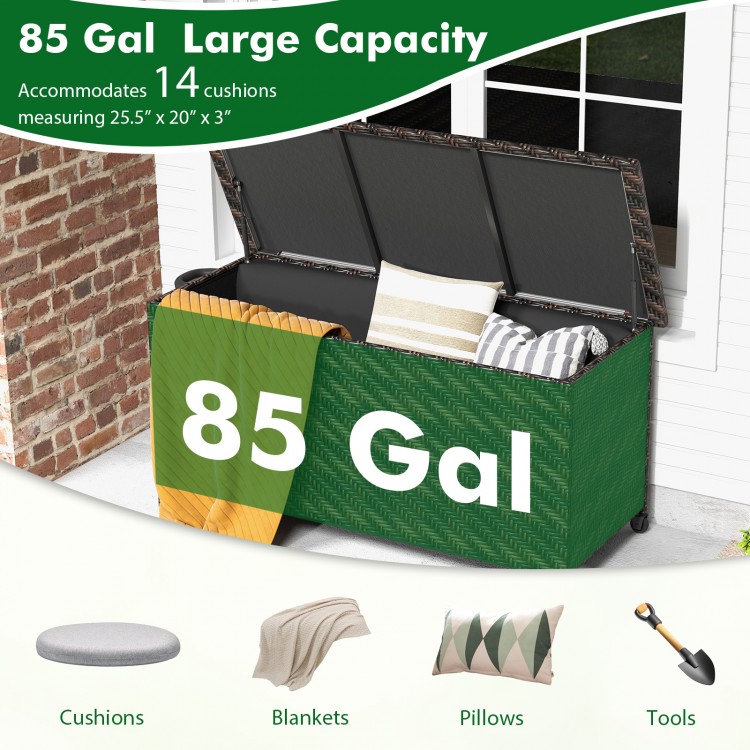 85-gallon outdoor storage box in brown with removable liner, ideal for cushions and tools, featuring universal wheels.