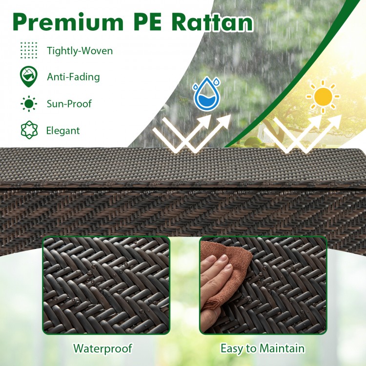 Brown 85 Gallon outdoor storage box made of fade-resistant PE wicker, featuring a waterproof liner and universal wheels.