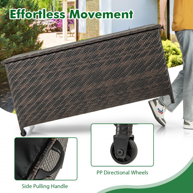 Outdoor storage box with removable liner, 85-gallon capacity, featuring wheels and a side handle for easy movement.