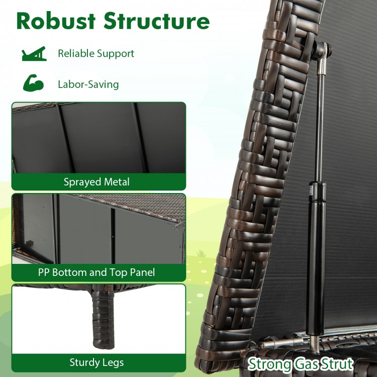 Close-up of the 85 Gallon outdoor storage box showcasing robust structure, gas struts, and durable PE wicker for.