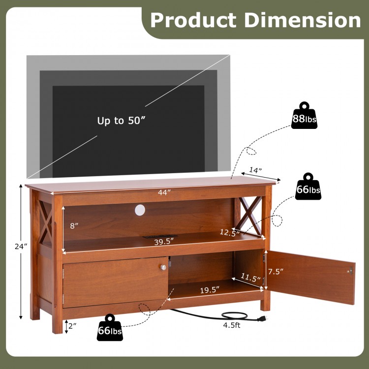 TV stand dimensions showing spacious storage, brown finish, and ergonomic knobs, suitable for TVs up to 50 inches.