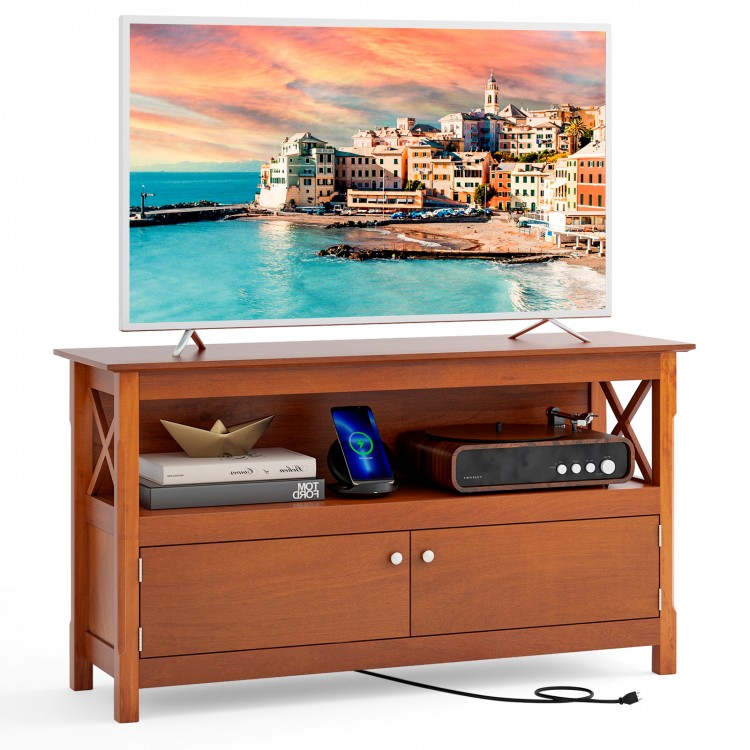 Brown TV stand entertainment center with open shelf and two cupboards, suitable for TVs up to 50 inches.
