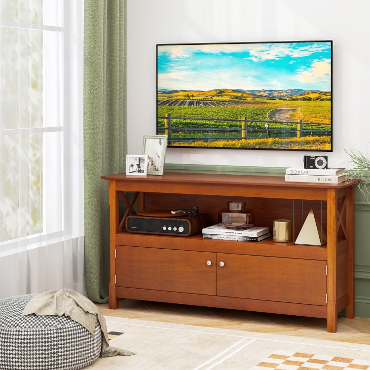 Brown TV stand entertainment center with open shelf and two cupboards, suitable for TVs up to 50 inches, ideal for.