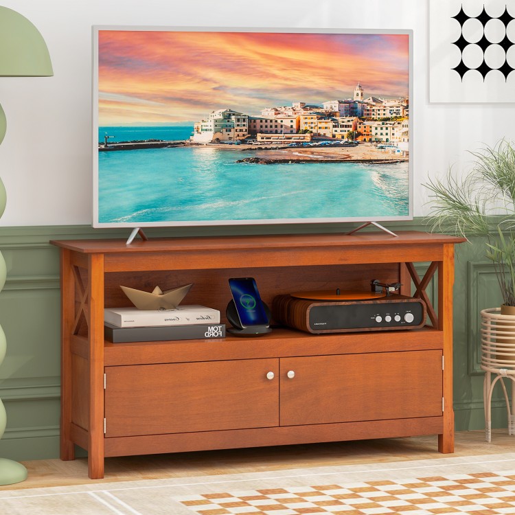 Brown TV stand entertainment center with open shelf and two cupboards, suitable for TVs up to 50 inches, perfect for.