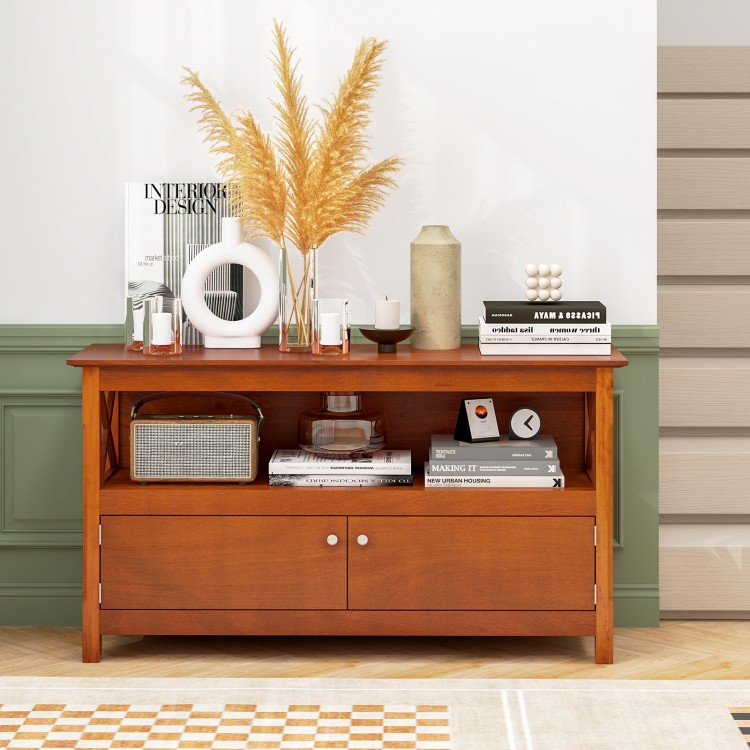 Brown TV stand entertainment center featuring open shelf, two cupboards, and ergonomic knobs for easy access.