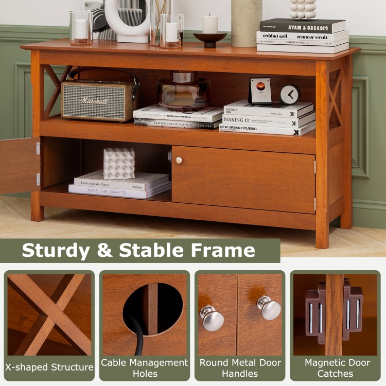TV stand entertainment center in brown with open shelf, two cupboards, and ergonomic knobs for versatile home use.