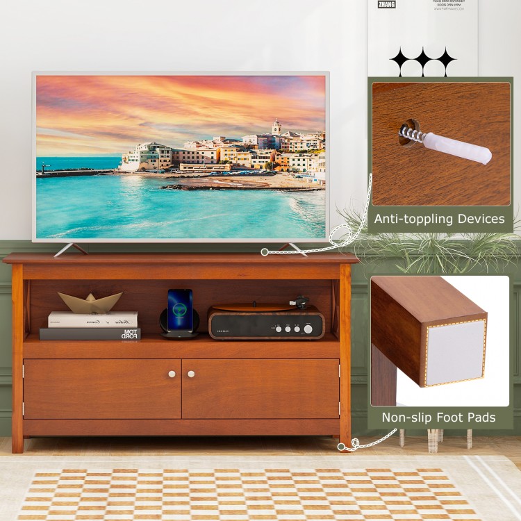 TV stand entertainment center in brown with open shelf, two cupboards, and ergonomic knobs for easy access.