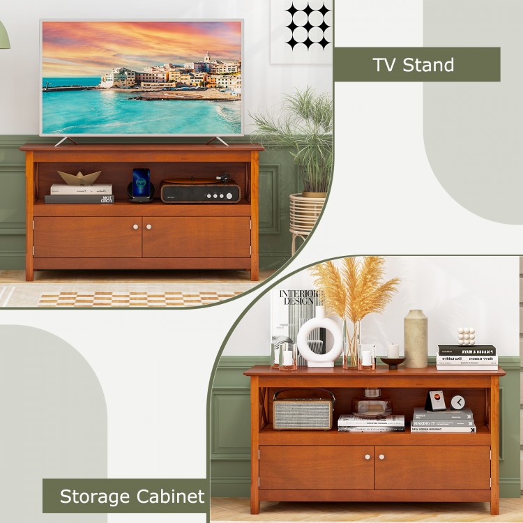 Brown TV stand with open shelf and two cupboards, featuring ergonomic knobs and X-shape panels for organized storage.